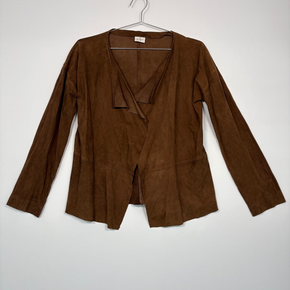 Hartford Womens Suede Leather Jacket Size 2 Brown Open Front Draped Collar